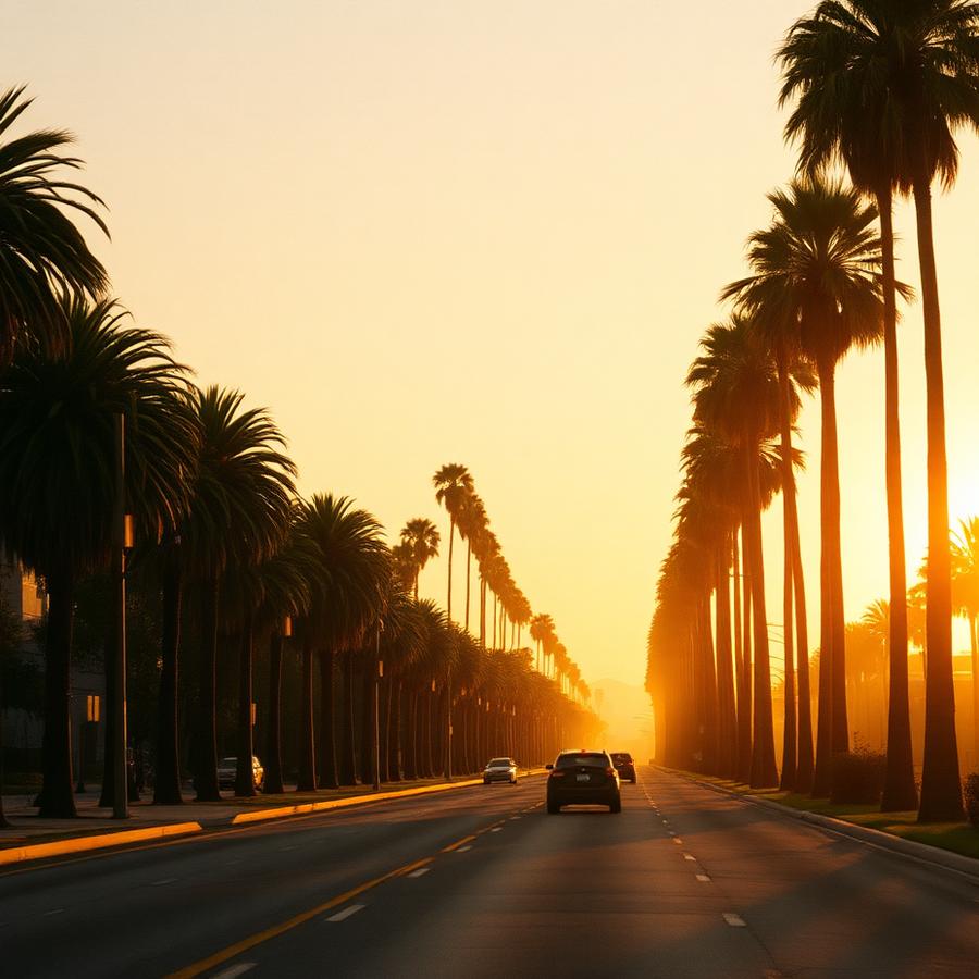 Boulevard lined with palms at golden hour