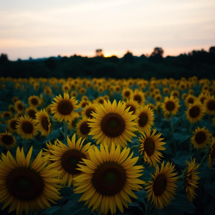 Field of sunflowers at dusk