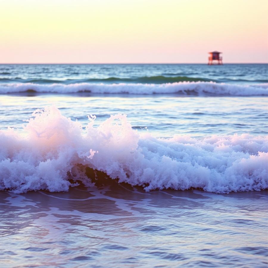 Surf breaking at sunset