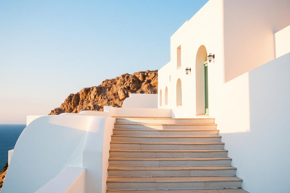 White coastal architecture in golden light