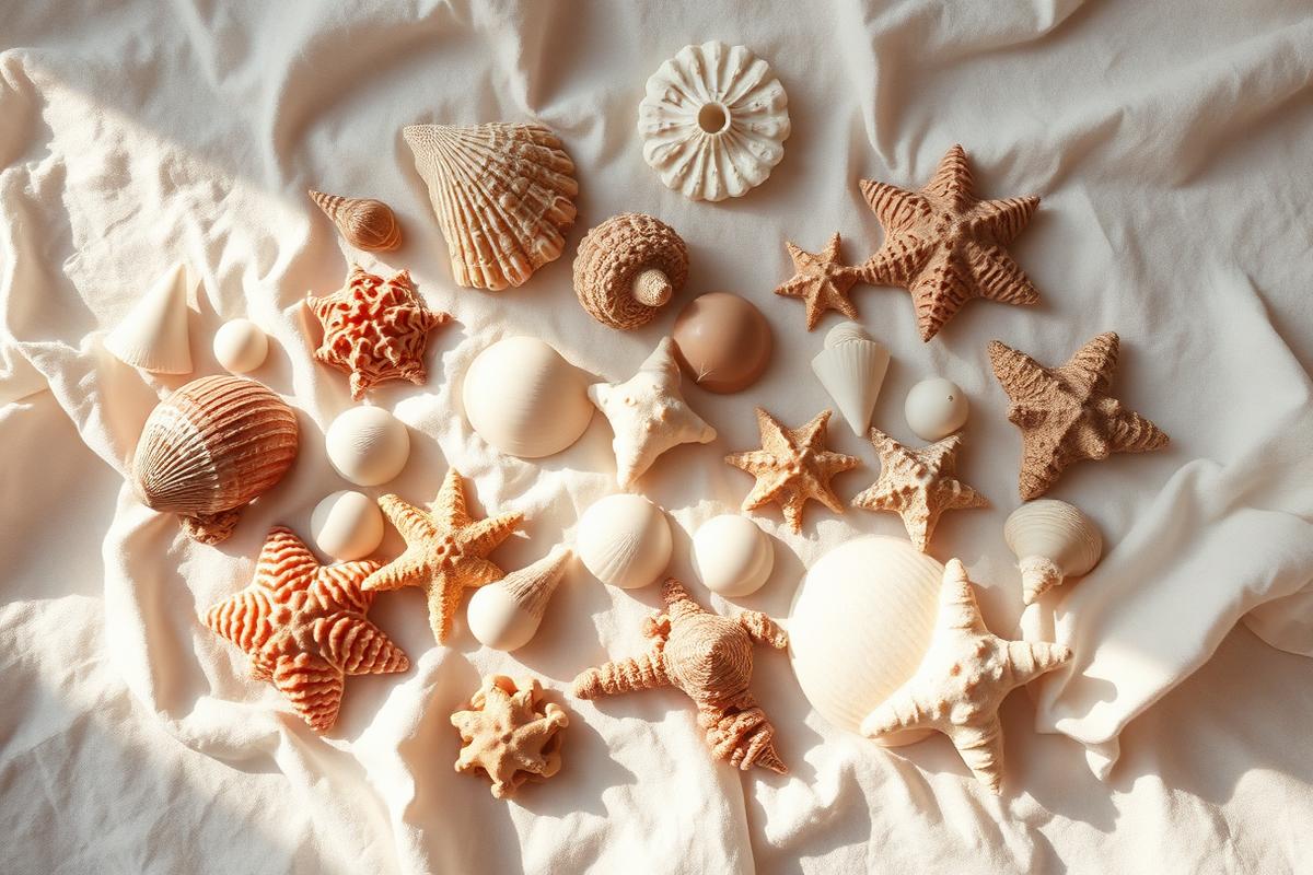 Shells arranged on white linen