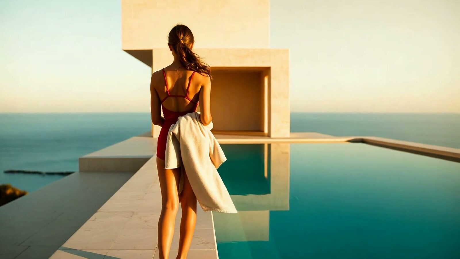 BRONQ Summer Collection — crimson one-piece at a coastal villa