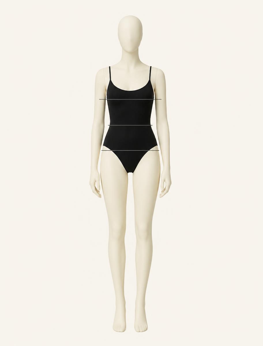 BRONQ women's swimwear mannequin with bust, waist and hip measurement lines
